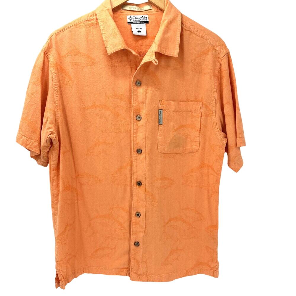 Columbia‎ Shirt Mens Large River Lodge Fish Print Orange Button Up Short Sleeve